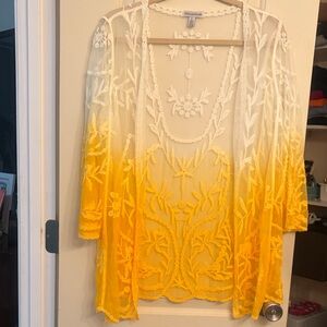 NINA LEONARD AMBRE Yellow and White Sheer Embroidered Kimono SZ L